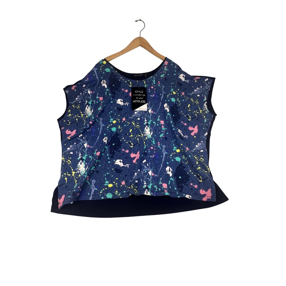 Attitudes by Renee Paint Splatter Print High-Low Boxy Top Blue XL NEW
